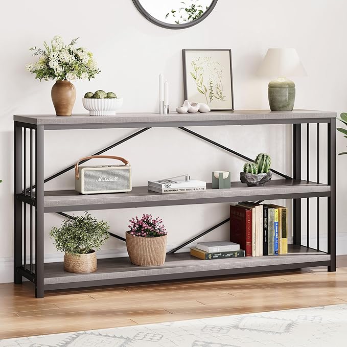 LVB Extra Long 3-Tier Sofa Table, Industrial Console Table with Storage Shelf, Modern Rustic Wood Metal Narrow Entryway Table, Skinny Behind Couch Table for Foyer Living Room Bedroom, Light Grey, 70In-Ruum Studio Home