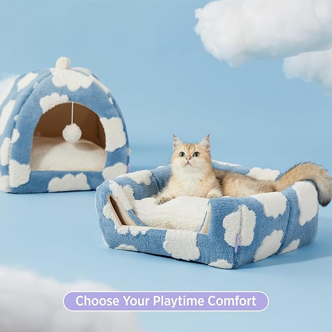 Lesure Cute Cat Beds for Indoor Cats - 2 in 1 Large Cat Cave Bed for Puppy and Small Dog with Removable Washable Cushioned Pillow, Cozy Kitten Tent with Non-Slip Bottom, Blue, 17.3 inches-Ruum Studio Home