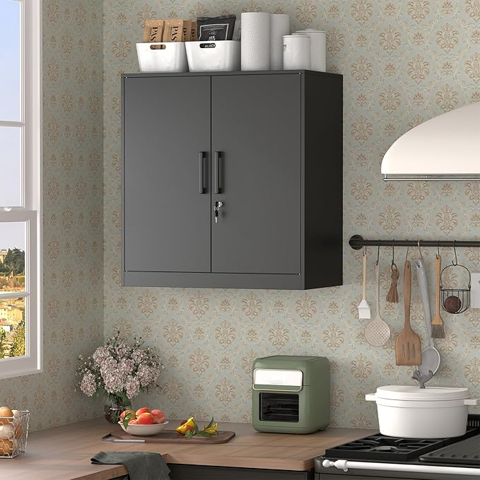 Metal Wall Cabinet,Garage Wall Cabinetwith Handle,Lockable Storage Cabinets Wall Mounted with 2 Doors,Locking Cabinet with Shelves for Basement,Living Home,Black-Ruum Studio Home