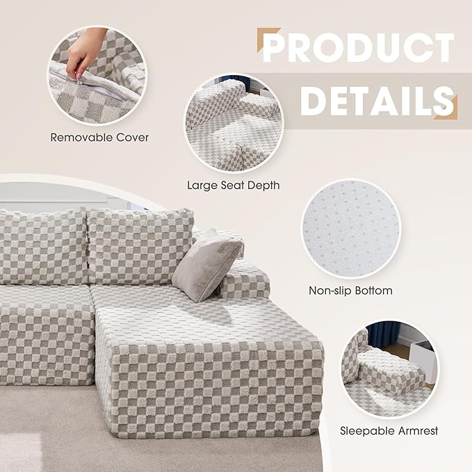 Hobestluk 96“ Modular Sectional Sofa Couches L-Shape Couch 3 Seat Modular Sofa Sectional Couches for Living Room, Cloud Couch with Oversized Chaise (Greygreen, Checked (Right Facing Chaise))-Ruum Studio Home