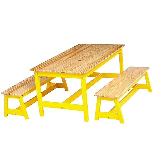 Amazon Basics Indoor Kids Table and Bench Set, Natural, solid pine wood, 3 Count (Pack of 1), Wood Activity Table for Art, Craft, Reading, Learning-Ruum Studio Home