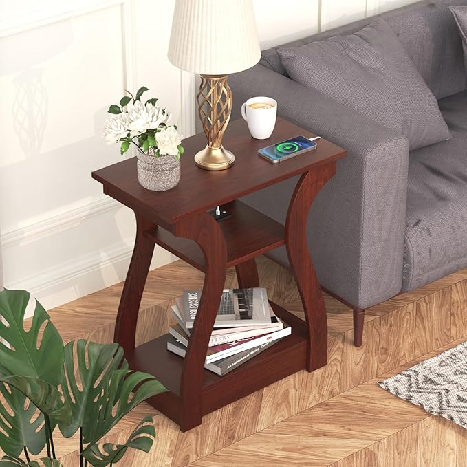 End Tables Living Room, Cherry End Table with Charging Station, Nightstand for Bedroom, 3 Tier End Table with Storage Shelf for Living Room(Cherry)-Ruum Studio Home