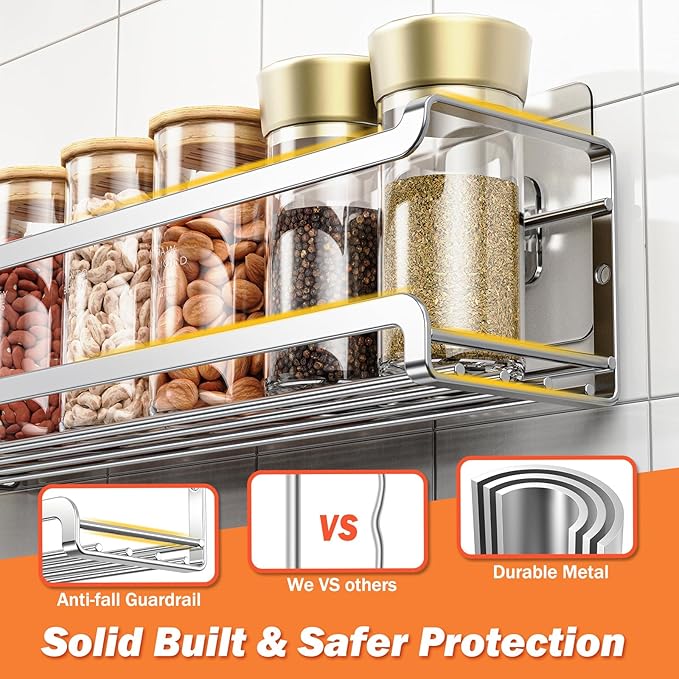 Spice Rack wall mounted 4 Pack, Space-Saving Spice Organizer for Spice Jars and Seasonings,Screw or Adhesive Hanging Spice Rack Organizer for Your Kitchen Cabinet,or Pantry Door,Chrome-Ruum Studio Home