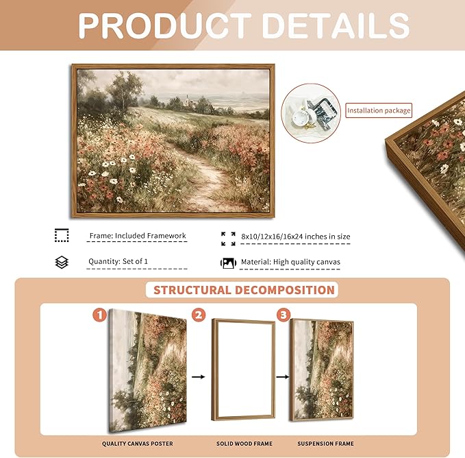 Vintage Framed Wall Art for Living Room – Vintage Wildflower Pictures Oil Paintings Canvas Prints – Country Flower Modern Farmhouse Wall Decor for Bathroom Bedroom Home Office – 8x10in-Ruum Studio Home