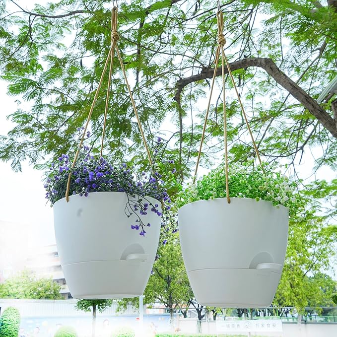8 inch Hanging Planters, 2 Pack Self Watering Hanging Pots with 20oZ Deep Reservoir for Indoor Outdoor Plants Flowers, White-Ruum Studio Home