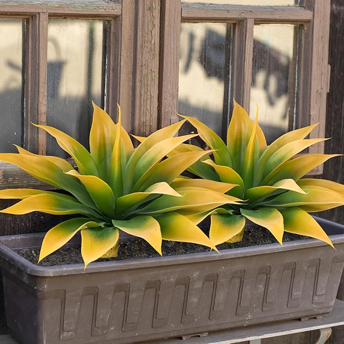 Artificial Agave Plants,Large UV Resistant Fake Agave Planters for Indoor and Outdoor Decorating Tropical Plant Succulents Greenery Indoor Decor (2Pack,18" Yellow)-Ruum Studio Home