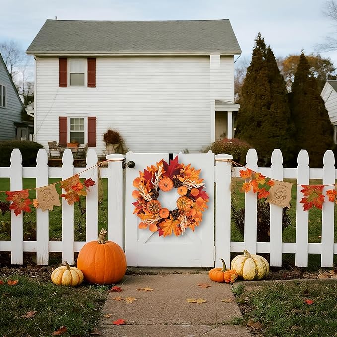20 Inch Thanksgiving Fall Wreath, Berries Pumpkins Maple Leaves Pine Cones Autumn Wreaths with Hook for Front Door, Fall Decor, Porch Wall Home Outdoor Holiday Decorations Wreath for Autumn-Ruum Studio Home