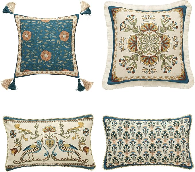 patdrea Designer Throw Pillow Covers Set of 4,French Vintage Blue Linen with Floral Collection Pattern Pillow Cover,Decorative Rectangle and Square Pillowcases Cushion for Bed Living Room Outdoor-Ruum Studio Home