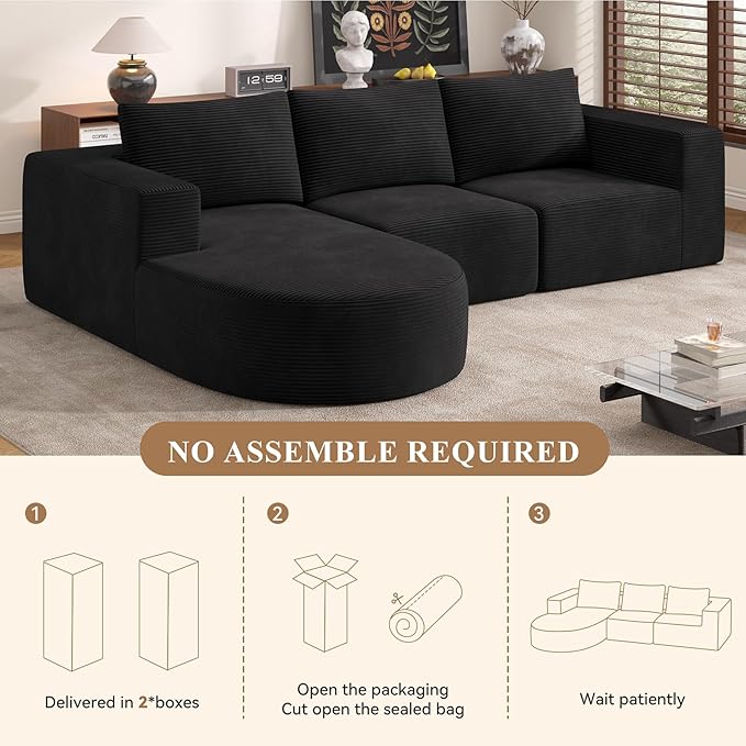 Modular Sectional Sofa with L-Shape Chaise,Cloud Sectional Modern Sleeper Couch with Deep Seat,Sponge Compression Sofas No Assembly Required (Black-Corduroy Fabric) 1PCS-Ruum Studio Home