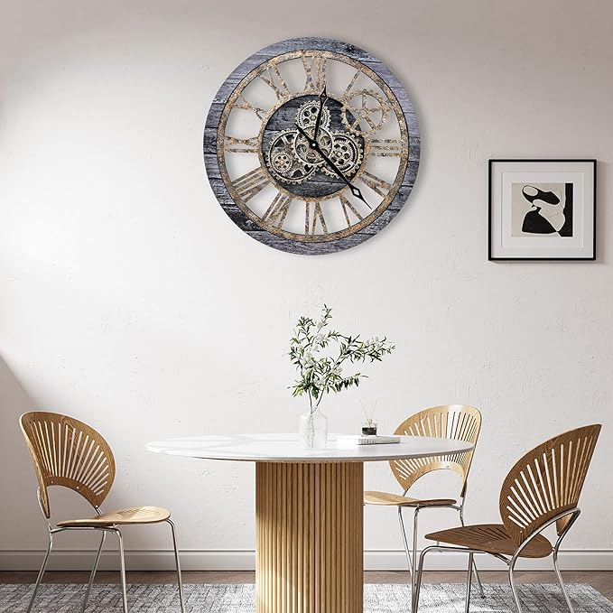 The B-Style Large Wall Clock 24 inch Moving Gear Wall Clock Oversized Vintage Farmhouse Wall Clocks for Living Room Decor Decorative Rustic Industrial Wood Clock (Carbon Gray)-Ruum Studio Home