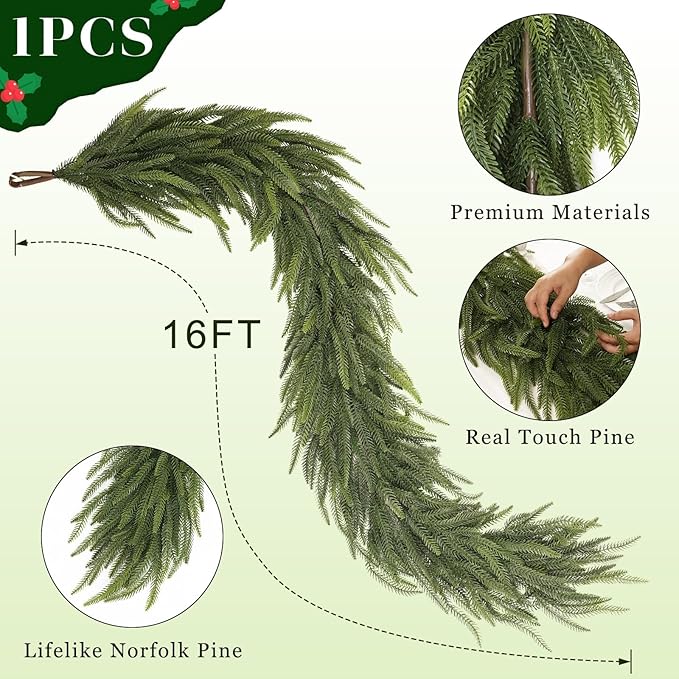 16FT Christmas Norfolk Pine Garland -1PCS, Artificial Pine Needles Garlands Faux Greenery Fake Garland for Holiday Fireplace,Table,Window,Stairs,Mante,Indoor Outdoor Decor-Ruum Studio Home