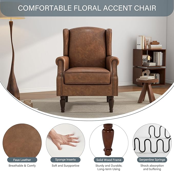 UIXE PU Leather High Back Accent Chairs Set of 2, Upholstered Armchair for Living Room, Retro Wingback Arm Chair Nailhead Trim Single Sofa Bedroom Reading Seat - Brown-Ruum Studio Home