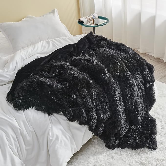 GONAAP Fuzzy Faux Fur Throw Blanket Black Super Soft Cozy Plush Fuzzy Shaggy Blanket for Couch Sofa Bed (Black, Throw(50"x60"))-Ruum Studio Home