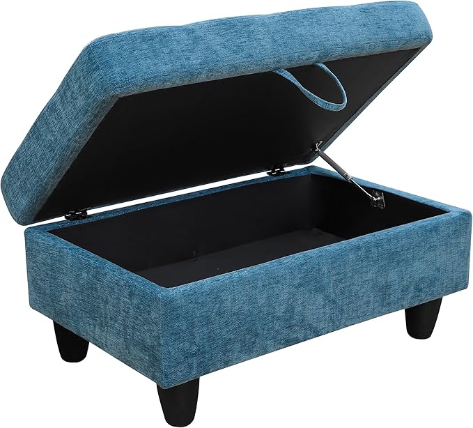 Ottoman Rectangular Storage Ottoman Bench, Flannel Footrest Stool Footstool with Lid for Living Room, Bedroom, Entryway, Blue, 34"x22.8"x17.5"-Ruum Studio Home