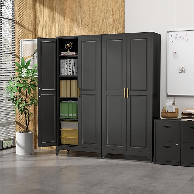Kitchen Pantry Cabinet,75”Black Metal Storage Cabinets with Doors and 4 Adjustable Shelves,Kitchen Cabinet with 2 Gold Handles,Tall Cabinet for Livingroom, Bathroom-Ruum Studio Home