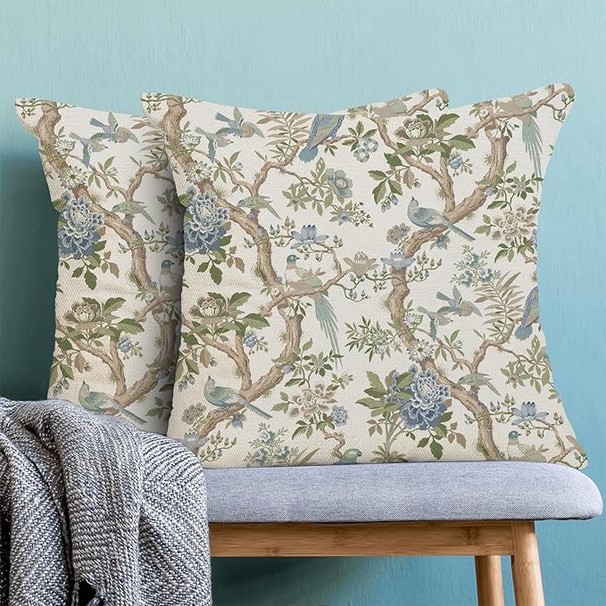 CXMEIFLY Chinoiserie Spring Pillow Covers 22 x 22 Inch Set of 2 for Blue Sage Green Vintage Flowers Bird Decor Throw Pillows Plant Farmhouse Outdoor Decorative Cushion Cases for Couch Bed Decorations-Ruum Studio Home