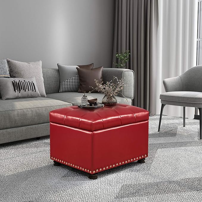 24'' Leather Storage Ottoman Rectangular Foot Rest Stool with Nailhead Trim for Bedroom Living Room(Red)-Ruum Studio Home