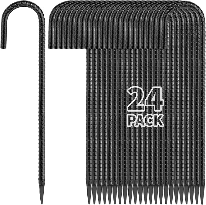 16 Inches 24-Pack J Hook Rebar Stakes Heavy Duty Tent Stakes with Chisel Point End, Steel Ground Anchors Metal Garden Stakes Chain Link Fence Stakes Black Coated-Ruum Studio Home