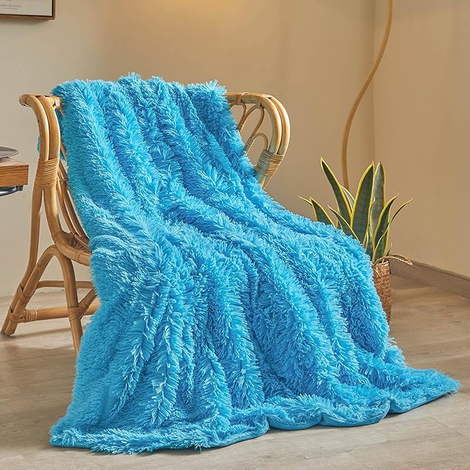 XeGe Luxury Faux Fur Throw, Blue Soft 50x60 Fluffy Blanket, Shaggy Plush Decorative Couch Cute Furry Bed Throw Fuzzy Office Lap Blanket for Bedroom Living Room Sofa Chair, Blue-Ruum Studio Home