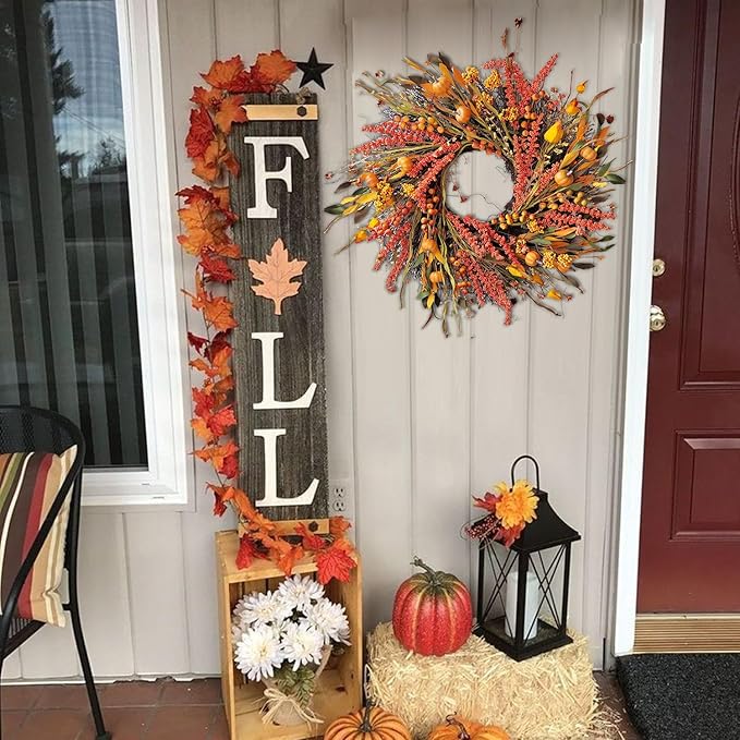 WANNA-CUL 24 inch Fall Wreath Decor for Front Door with Pumpkins, Hawthorn,Grain,Lantern Fruit,Berries,Eucalyptus Leaves, Large Harvest Door Wreath for Autumn or Thanksgiving Decoration-Ruum Studio Home