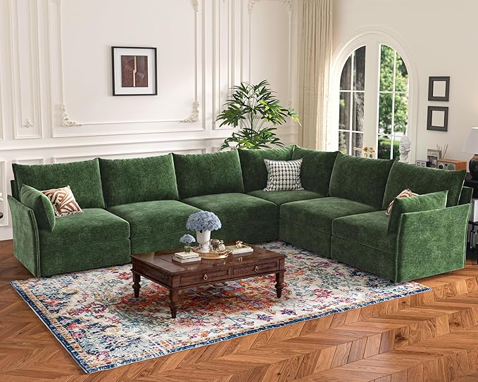 Oversized Loveseat Sofa, Modern Modular Sectional Couch Green Fluffy Chenille Mid Century 2-Seat 24.5" Deep Seat for Apartment, Living Room, Bedroom-Ruum Studio Home
