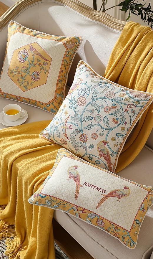 patdrea Design Yellow Linen Throw Pillow Covers Pack of 4, French Square Lumbar Round Pillowcase, Soft Durable Cushion Cases Pillowcase for Couch Bedroom Car Living Room 4 PCS-Ruum Studio Home