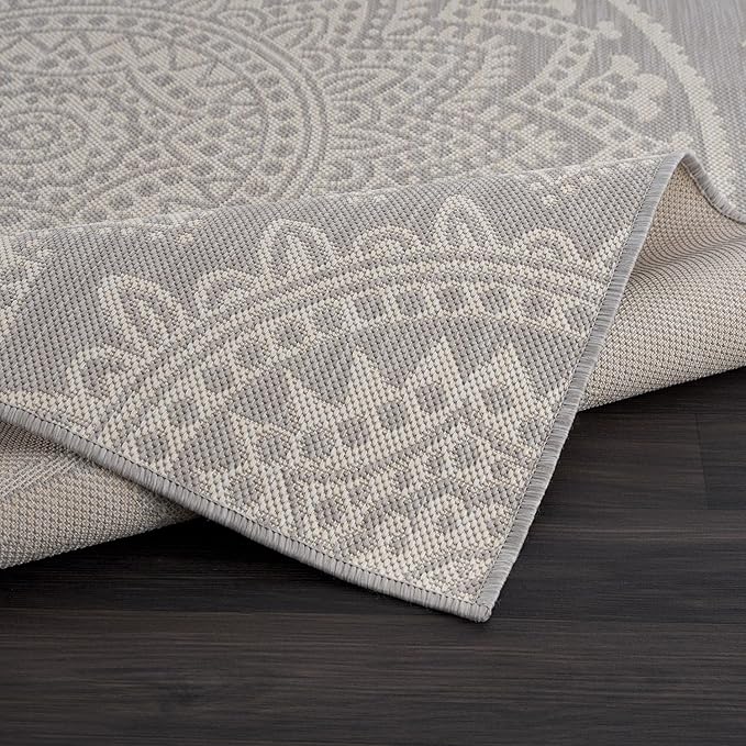 CAMILSON Outdoor Rug 9x12 Modern Area Rugs for Large Indoor and Outdoor Patios and Porches - Waterproof Washable Non-Shedding Easy-to-Clean Outside Carpet (9 x 12, Medallion - Grey/White)-Ruum Studio Home