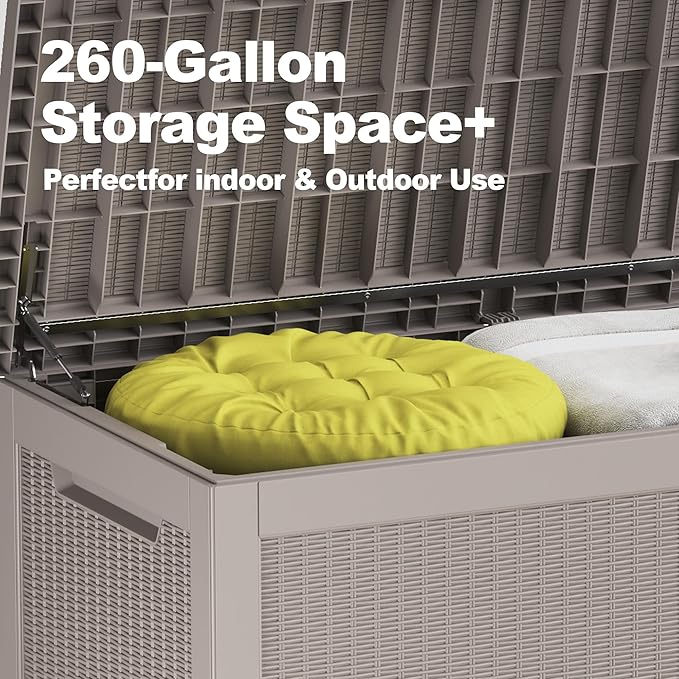 260 Gallon Deck Box XXL Large Outdoor Storage for Patio Furniture,Outdoor Cushions,Garden Tools and Pool Supplies,Waterproof,Resin,Lockable(Grey Rattan)-Ruum Studio Home