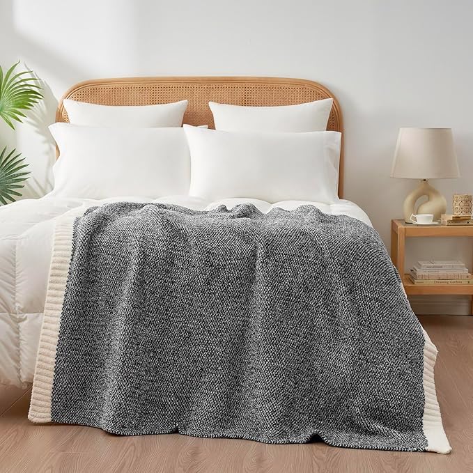 Snuggle Sac Heather Black Throw Blanket for Couch, Reversible Super Soft Micorfiber Blankets Dupes Warm Cozy Knit Fuzzy Plush Throws for Sofa, Bed, Heather Black, 50x60 inches-Ruum Studio Home