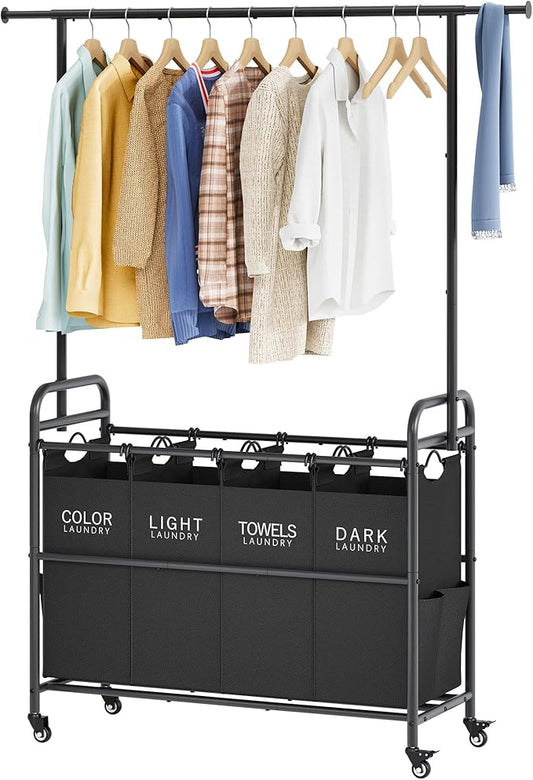 Tajsoon Laundry Sorter Cart with Hanging Clothes Rack, 4 Butler Sorter Basket Organizer, Laundry Hamper Cart with Heavy Duty Rolling Lockable Wheels, Black-Ruum Studio Home