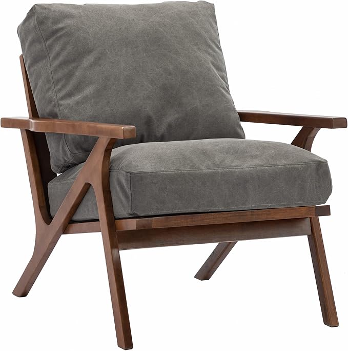 Wahson Mid Century Chair, Upholstered Accent Armchair, with Wood Frame and Canvas Cushions, Leisure Slipper Chair for Living Room/Bedroom, Grey-Ruum Studio Home