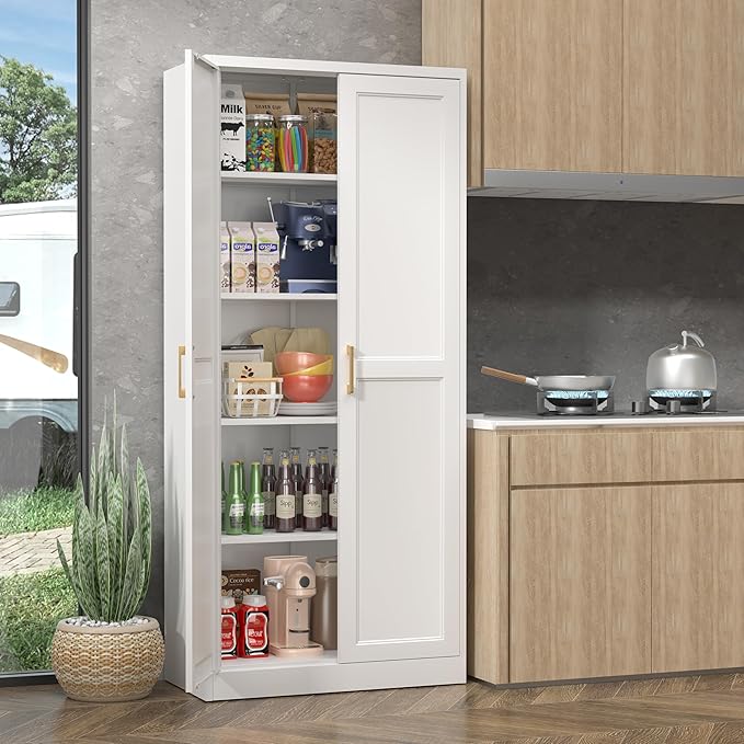 71" Storage Cabinet, Metal Pantry Cabinet, Kitchen Pantry Storage Cabinets with Doors and 4 Shelves, Cabinets for Laundry Room, Living Room, Dinning Room, Assembly Required, White-Ruum Studio Home
