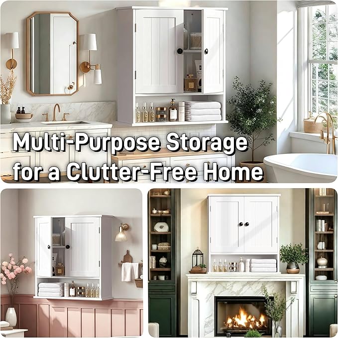 Bathroom Cabinet Wall-Mounted, White Storage Cabinets with Adjustable Shelves, Space-Saving Organizer with 2 Doors for Bathroom, Laundry, Kitchen - Moisture Resistant & Easy Install-Ruum Studio Home