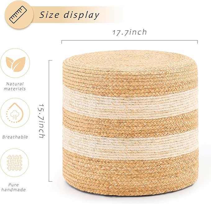 Handwoven Ottoman Pouf, Natural Water Hyacinth Footstool, Round Braided Outdoor Seat with Sturdy Frame, Boho Accent Stool for Patio, Balcony, or Garden (White)-Ruum Studio Home