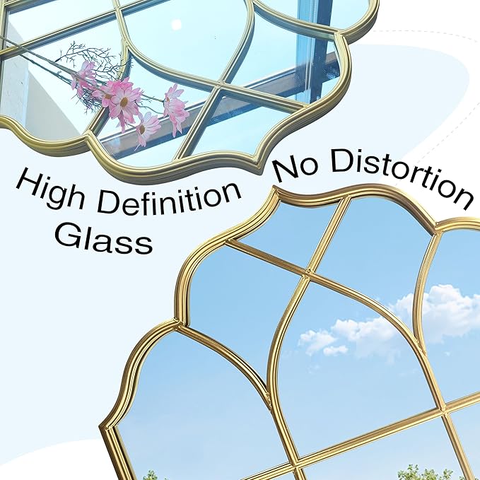 Window Mirror Pane Scalloped, Wide Arched Gold Mirrors Decorative, Cathedral Arch Wall Decor with Metal Windowpane Grid for Mantle Entryway Fireplace Hallway Living Room-Ruum Studio Home