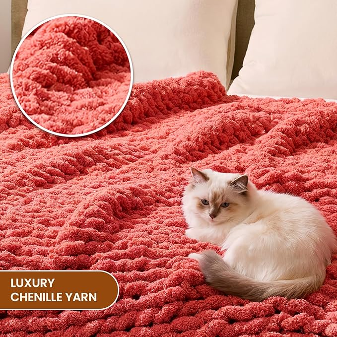 L'AGRATY Chunky Knit Blanket Throw: 60''x80'' Chenille Chunky Knitted Throw Blankets for Twin Bed Couch - Handmade Thick Cable Knit Blanket - Large Crochet Rope Blankets for Home Decor(Coral Pink)-Ruum Studio Home