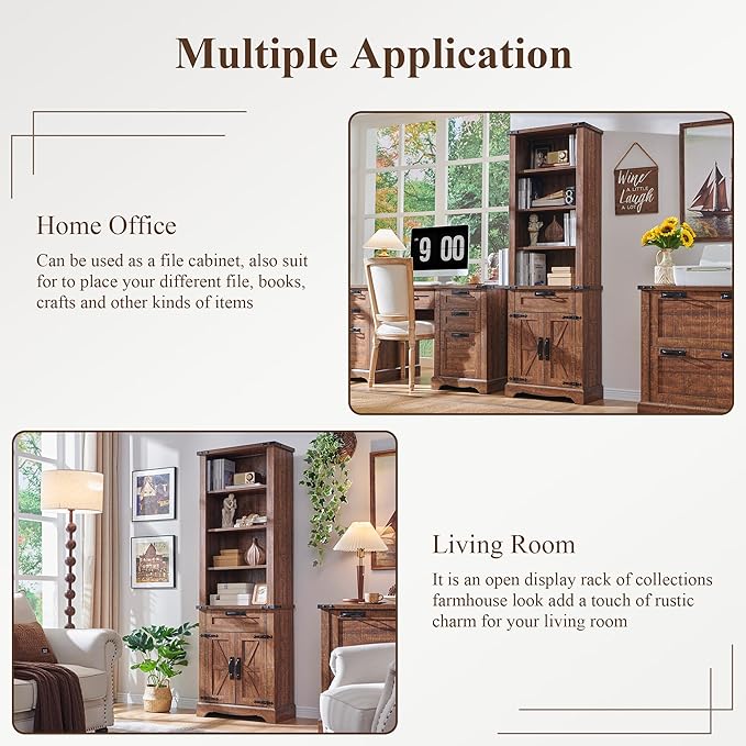 RedLemon Bookshelf with Storage Cabinet, 72" Tall Farmhouse Bookcase with Adjustable Shelves and Barn Door, 4 Tier Office Wood Bookshelf with Drawer for Library Living Room (Reclaimed Barnwood Color)-Ruum Studio Home