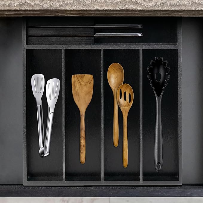 VaeFae Bamboo Silverware Organizer, Utensil Holder for Drawer, Wooden Cutlery Tray with Divider for Kitchen Drawer, Utensil Organizer with Knife Block（Black）-Ruum Studio Home