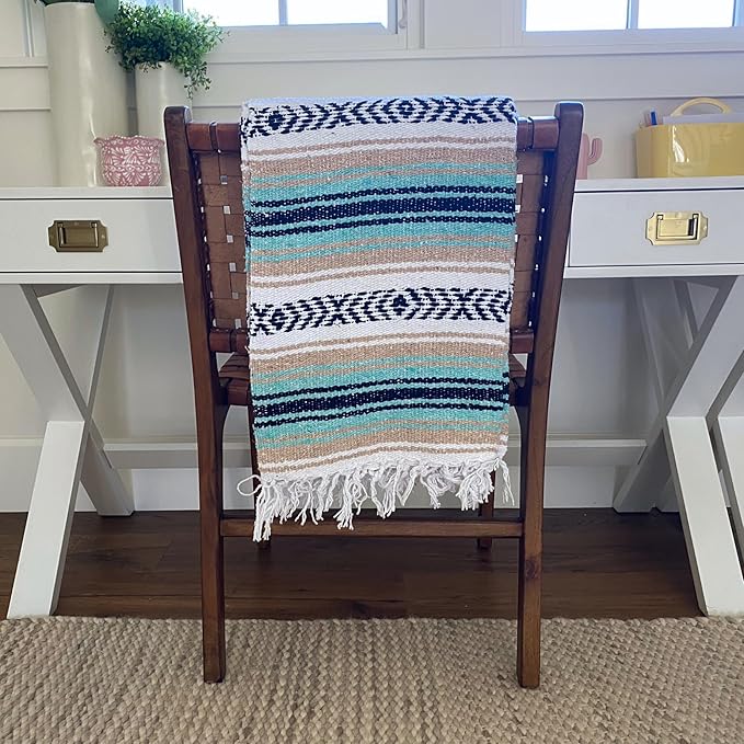 Del Mex Classic Mexican Blanket, Large Authentic Woven Falsa Throw (70"x50"), Artisan Southwest Décor for Beach, Yoga, Outdoors (Mint/Tan)-Ruum Studio Home