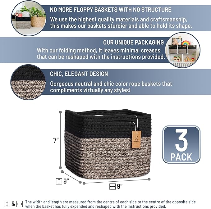 NaturalCozy Storage Cubes 9”x9”x7”Cotton Rope Woven Baskets for Organizing 3-Pack | 9 Inch Cube Storage Bin | Small Basket for Shelf Nursery, Pantry, Decorative Plant, Bathroom Closet, Toy Gift-Ruum Studio Home