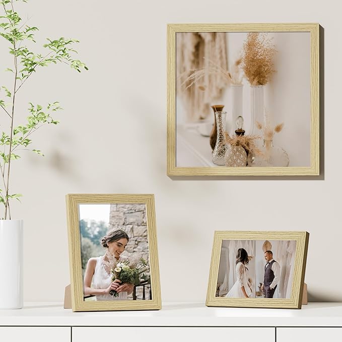 Vittanly 12x12 Picture Frames Set of 9, Shatter Resistant Plexiglass, Display 8x8 Pictures with Mat or 12x12 without Mat, Photo Frames for Wall Mount, Engineered Wood, OAK-Ruum Studio Home