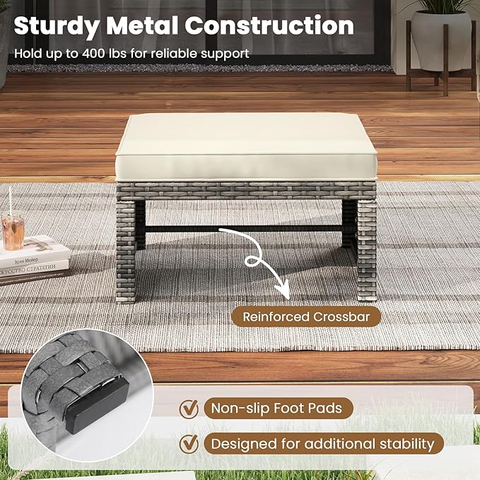 Tangkula 2 Pieces Patio PE Rattan Ottomans, Multipurpose Outdoor Footstool Footrest Additional Seating Side Table with Soft Zippered Cushions for Deck, Garden, and Yard (White)-Ruum Studio Home