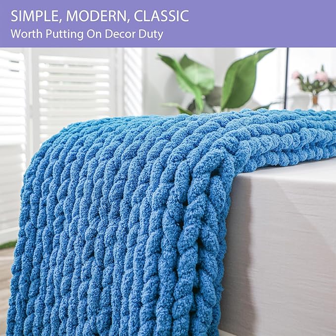 Bigacogo Chunky Knit Throw Blanket for Couch, 40x60 inches, 100% Hand Knitted with Thick Jumbo Chenille Yarn, Cozy Soft Large Rope Knot Cable Crochet Blankets for Sofa Bed Living Room, Bright Blue-Ruum Studio Home