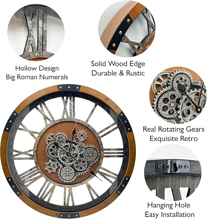 DORBOKER 24" Original Moving Gears Wall Clock, Large Industrial Wall Clock for Living Room Decor, Retro Wood Vintage Farmhouse Steampunk Rustic Clocks for Wall Decor,Brown Nanmu-Ruum Studio Home