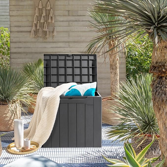 JUMMICO 31 Gallon Resin Deck Box Waterproof Indoor Outdoor Storage Boxes for Patio Furniture Cushions and Garden Tools (Gray)-Ruum Studio Home