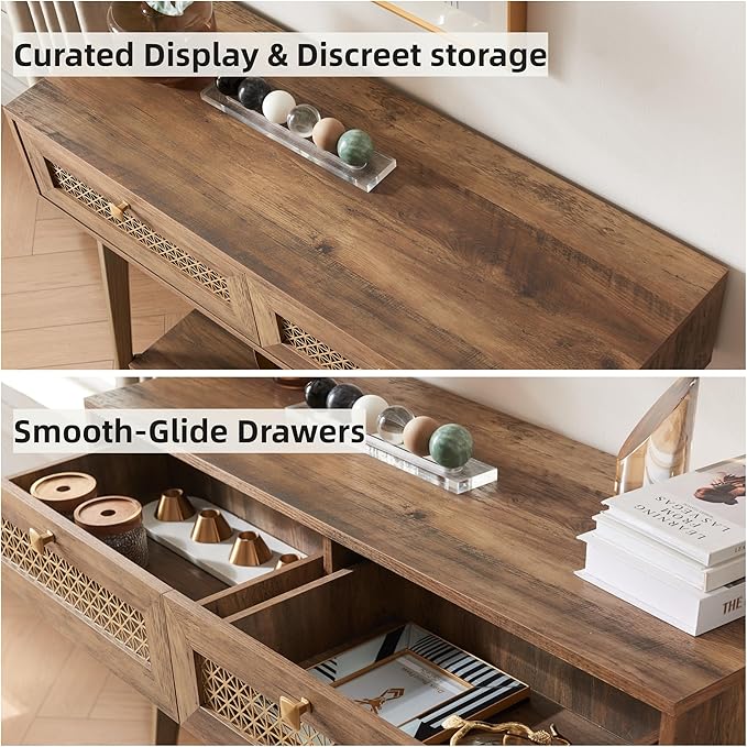 Narrow Sofa Table with Two Drawers and Shelf, Modern Style Wooden Console Table for Living Room, Entryway, Hallway, Rustic Oak-Ruum Studio Home