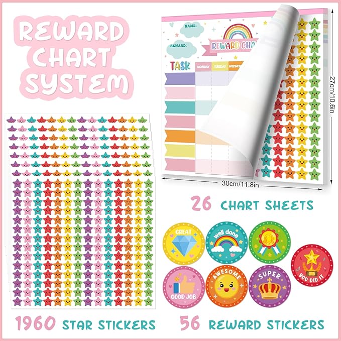 Reward Chart for Kids,Magnetic Behavior Chore Chart for Kids at Home,26 Rainbow White Chore Charts,1960 Star Stickers,56 Reward Stickers,Incentive Chore Chart to Develop Responsibility and Good Habits-Ruum Studio Home