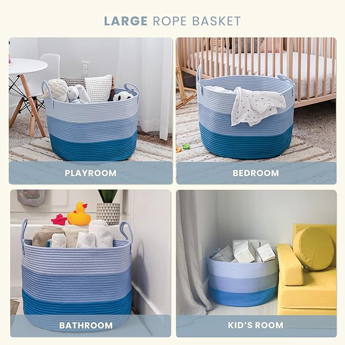OrganiHaus Toy Storage Basket for Kids, Large Cotton Rope Organizer Bin for Nursery, Toy Box, Blanket Holder, Baby Hamper for Living Room, Soft & Washable, 20x13 inches - Blue-Ruum Studio Home