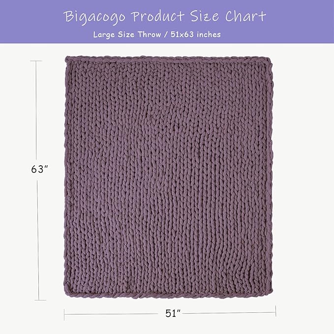 Bigacogo Chunky Knit Throw Blanket for Couch, 51x63 inches, 100% Hand Knitted with Thick Jumbo Chenille Yarn, Cozy Soft Large Rope Knot Cable Crochet Blankets for Sofa Bed Living Room, Winter Grape-Ruum Studio Home