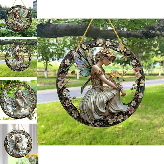 Flower Fairy Garden Decorations Angel Wing Christmas Halloween Deco Statue Art Elf Sculpture Hanging Craft for Outdoor Yard Courtyard Lawn Patio Window Acrylic Ornament Home Gift (B,L: 8*8 IN)-Ruum Studio Home